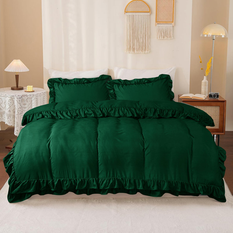 DUVET FRILL Microfiber Solid Colour Duvet Cover with Pillowcases, Double Duvet Cover + 2 Standard Pillowcases, Green