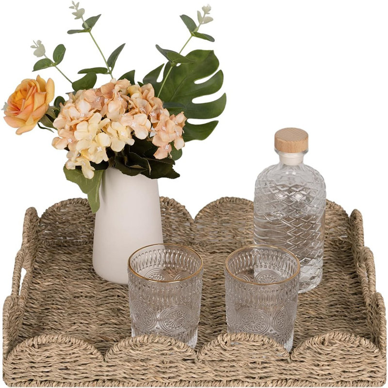 Rectangle Wicker Tray With Handles, Rattan Serving Tray And Seagrass Basket For Decorative And Organizing
