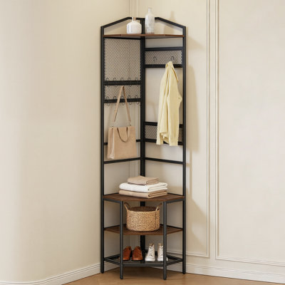 Corner Hall Tree, 71.3 in Coat Rack with Hooks, Top Shelf & Steel Frame, Freestanding Clothes Shoes Rack Storage Organizer with Anti-Tip Set, Adjustable Non-Slip Feet for Entrance Closet Office