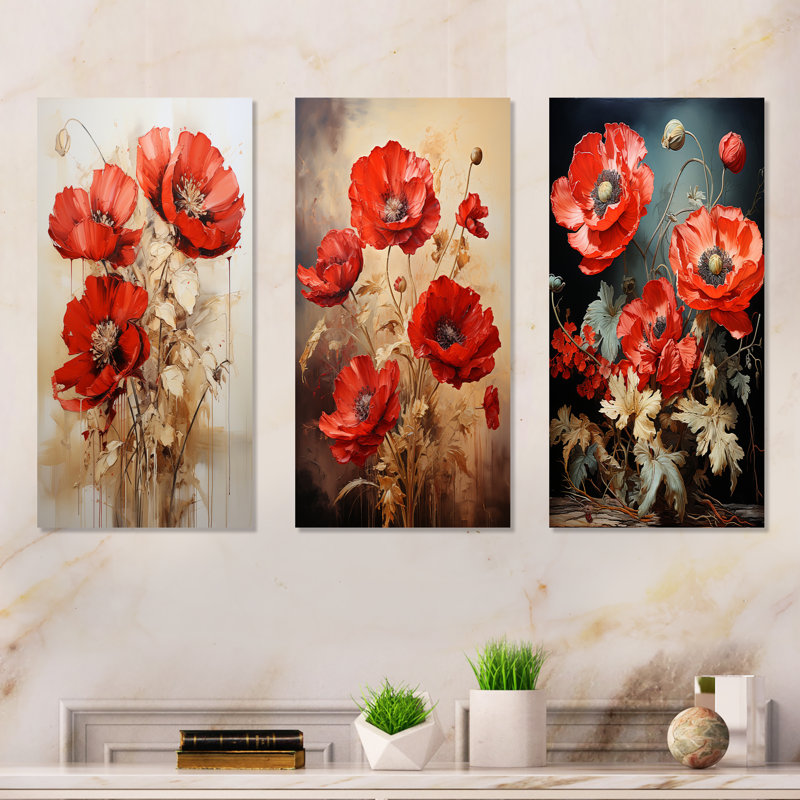 Poppies Scarlet Solitude - ensemble de 3 impressions murales en métal coquelicots, H 28 po x l 36 po