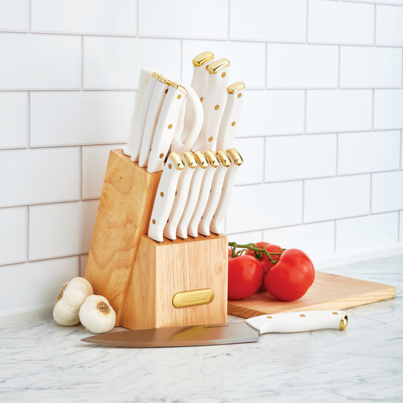 Farberware 15-Piece Triple Riveted Knife Block Set, White