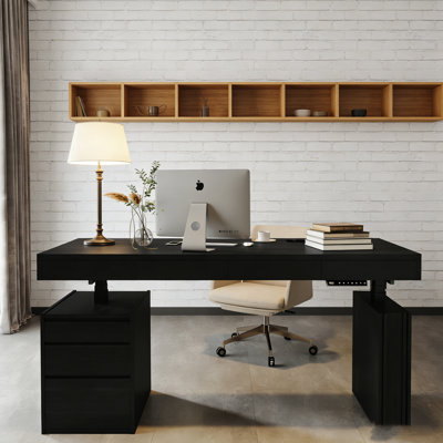 Italian Minimalist Light Luxury Standing Desk, Black & Brown Available, Height Adjustable with Cabinet Storage & Built-in Power Outlet, Home Office Study Table