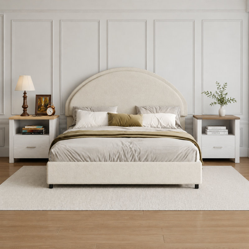 Ensemble de chambre à coucher 3 pièces, avec cadre de lit plateforme tapissier Boucle et base de bois ouverte, White, Grand