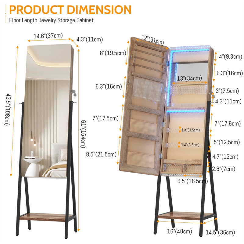 Modern RGB White Wood Jewellery Armoire With Full-Length Mirror - Triple Functionality For Dressing Up, Black
