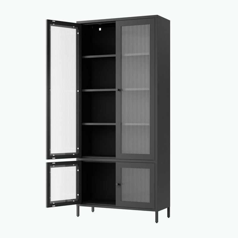 Large Metal Storage Cabinet Display Cabinet, Waffle-Grids Tempered Glass, Gray