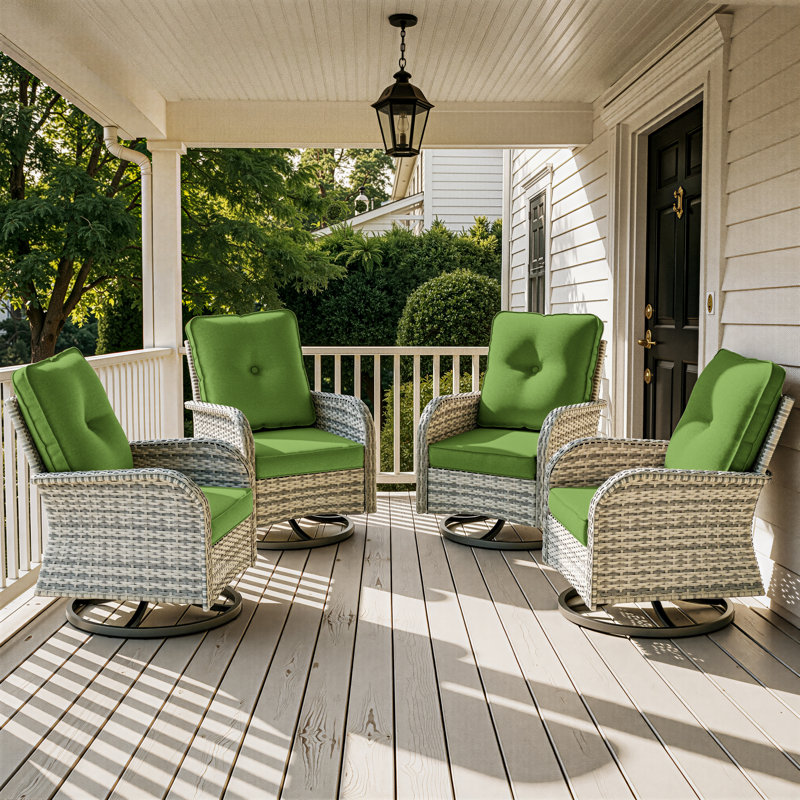 Ensemble de 4 chaises berçantes pivotantes en osier avec sièges rembourrés 4 pièces, Vert citron