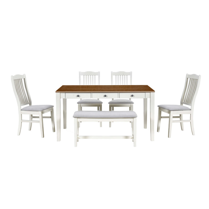 Fulton Modern 6 Piece Dining Set With Rectangular Table Four Chairs And Bench Mid Century Style Durable Solid And Engineered Wood Furniture For Dining Room