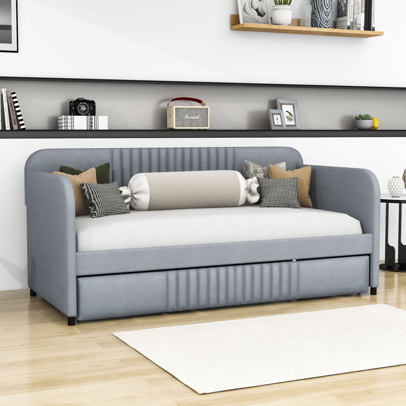 Deyan Twin Size Upholstered Daybed with Twin Size Trundle and Wood Slat, Gray