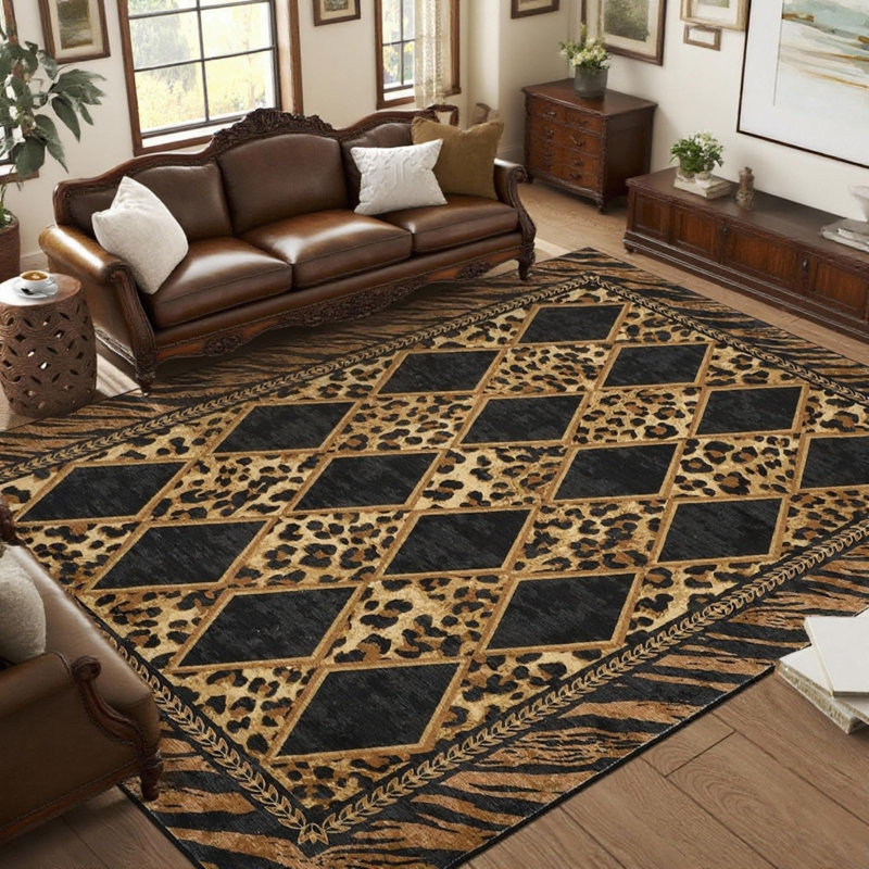 Tapis léopard pour salon 5 x 7 lavables pour chambre à coucher antidérapants brun / noir, Brun / Noir, Rectangle 5 pi x 7 pi
