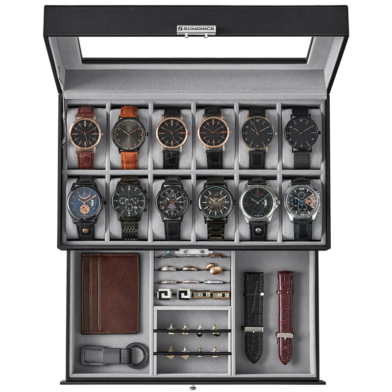 Boîte à montre à 12 emplacements, boîtier de montre verrouillable avec couvercle en verre, 2 couches, cuir synthétique noir, doublure grise