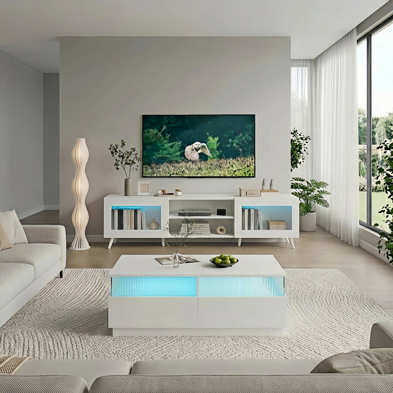 Modern Living Room Set, LED TV Stand & Coffee Table Combo With Storage, White