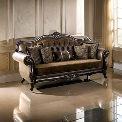 Sena 90 Inch Sofa, Faux Leather, Rolled Arms, Cherry Brown Solid Wood -  Benjara, BM319520