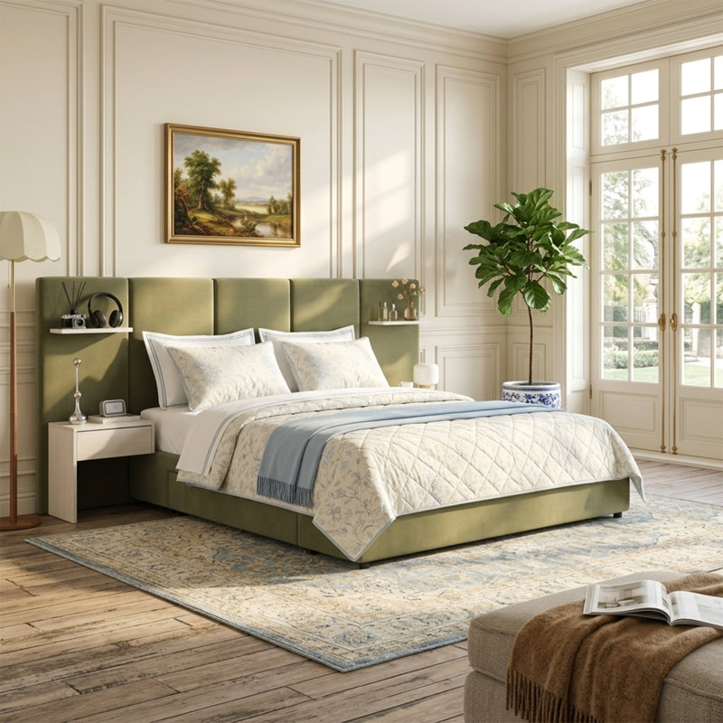 Lit plateforme haut tapissier avec tables de chevet, tiroirs et tablettes flottantes, grand, velours vert, Vert, Grand lit
