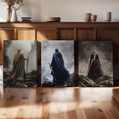 Ensemble de 3 affiches murales encadrées, trio de toiles fantastiques épiques - Roi guerrier mystique et enchanteresse sur fond de fumée dramatique pour salon, chambre, bureau, décoration intérieure moderne, cadeau pour les amateurs d'art fantastique