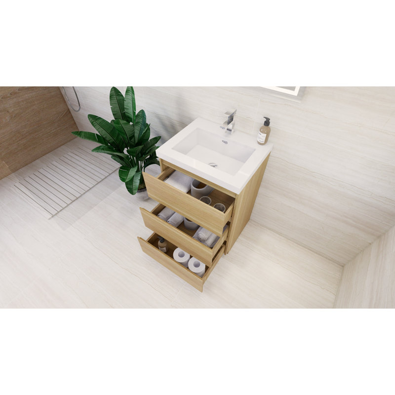 Meuble-lavabo autoportant Rheana 24 po avec évier en acrylique renforcé, Chêne blanc