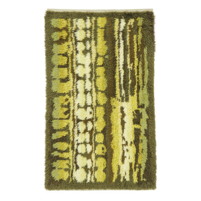 Vintage Swedish Rya Runner With Moss Green And Ivory Abstract Pattern - Rug & Kilim