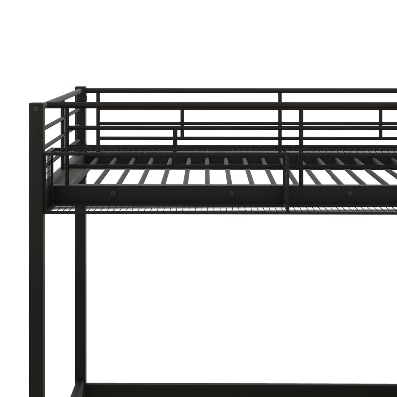 Twin-Sized Metal Loft Bed, Features Upper Grid Storage Shelf And Ladder With Side Compartments, Black