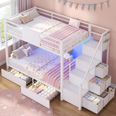 Bunk Bed Twin Over Twin With Stairs, Led Lights Twin Bunk Bed With 2 Storage Drawers & 6 Fabric Drawers, Metal Twin Loft Beds With Guardrail & Stairs, Space Saving