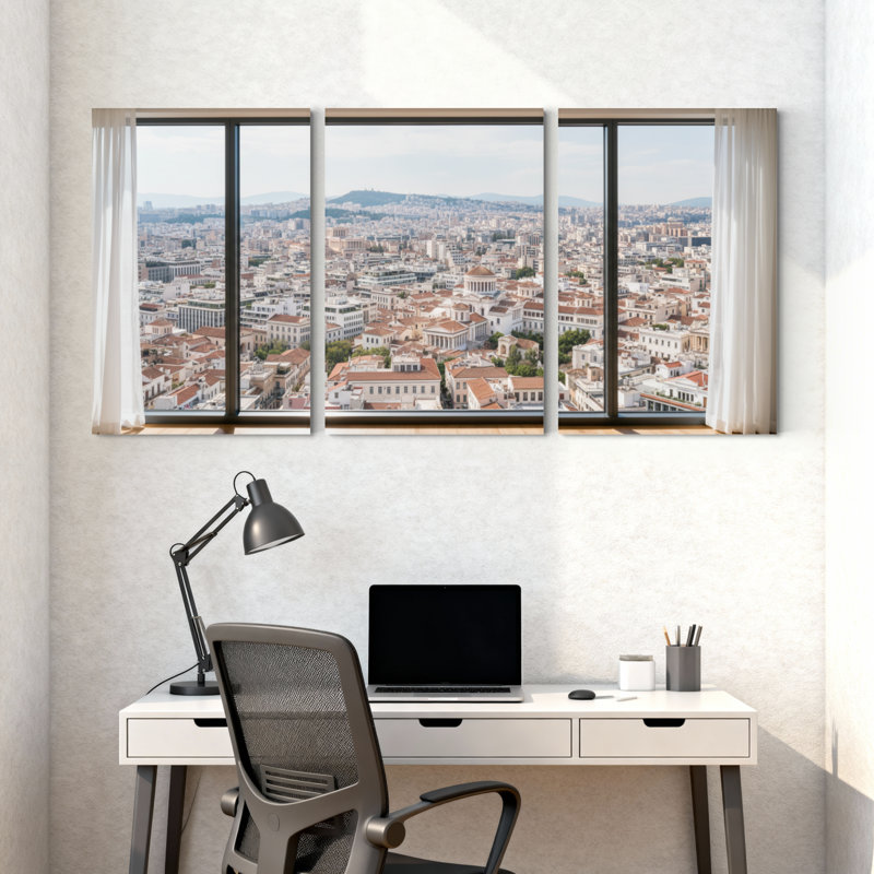 Ensemble de 3 impressions sur toile, "Scenic & Cityscapes Cityscape View Through Large Windows", H 30 po x l 60 po