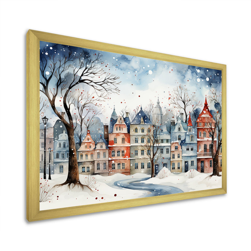 «Christmas village in Winter III - Winter Landscape», art mural encadré, Cadre doré à coins fermés