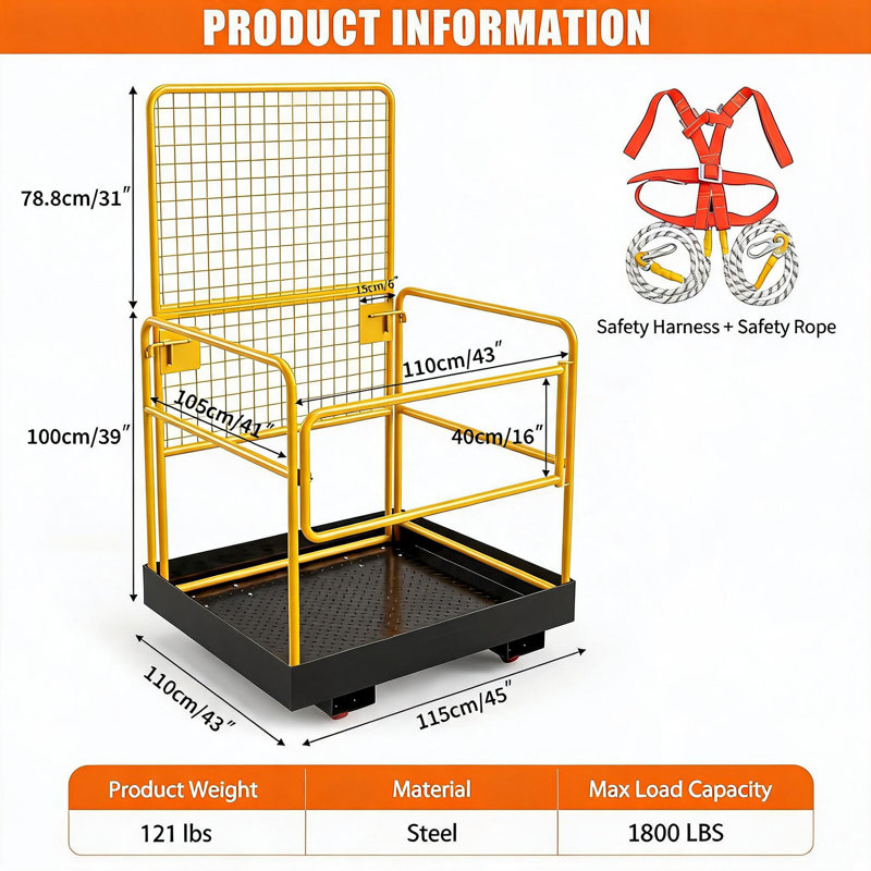 Plateforme de travail robuste en cage de sécurité pour chariot élévateur, 43 po x 45 po, capacité de 1800 lb