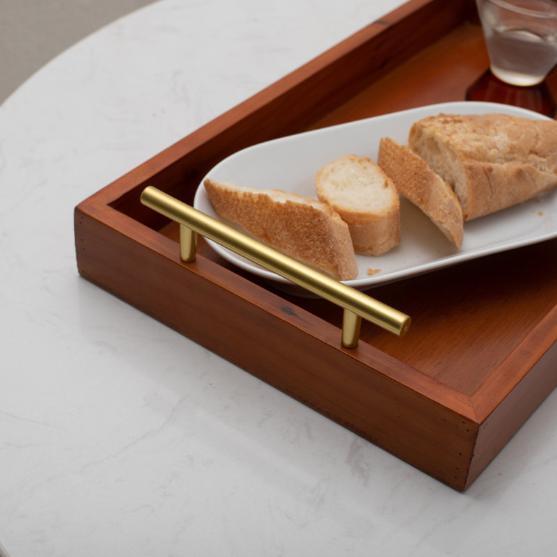 Coran Rectangular Wood Tray with Gold Metal Handles, Modern Brown Decorative Tray