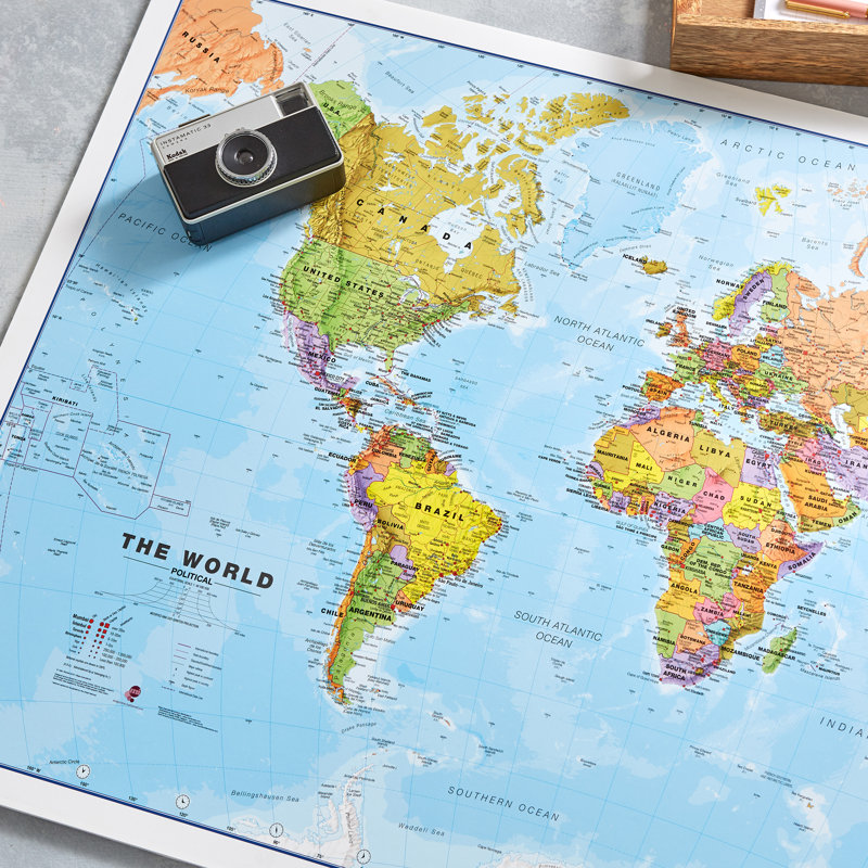 Medium World Wall Map Political - Single Picture Frame Print, 90.1cm H x 118.9cm W x 0.5cm D, Grey Framed
