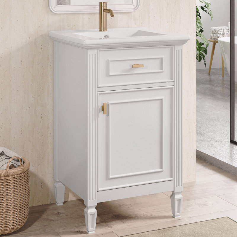 Meuble-lavabo blanc de 20 po avec lavabo, armoire autoportante moderne, pieds en bois massif, tablette réglable, tiroir inclinable, boutons en alliage de zinc