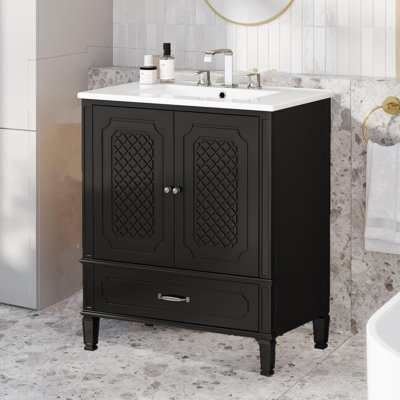 Ensemble de meuble-lavabo simple 30 po avec lavabo en céramique, meuble-lavabo avec 2 tablettes de rangement sur les portes, tablette réglable pour la salle de bain, vert foncé