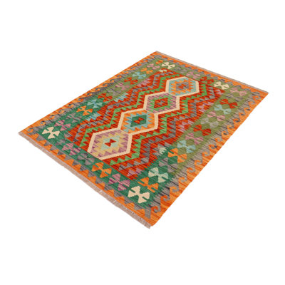 Jovita Geometric Flatweave Rectangle 3'6'' x 4'10'' Wool Area Rug in Red/Turquoise/Orange