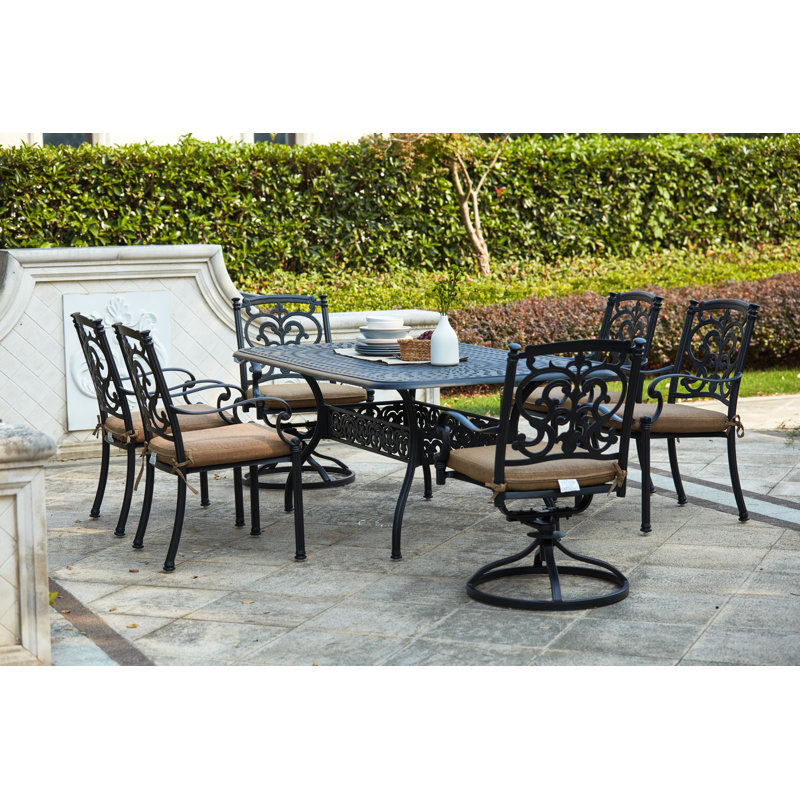 Anhar 7-Piece Patio Dining Set (w/ 2 Swivel Rockers) w/ Cushions & 42 x 72" Rectangular Dining Table, Antique Bronze
