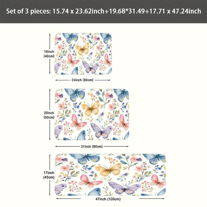 Watercolor Butterfly Floral Print 3 Pcs Kitchen Mat For Kitchen, Bedroom, Multicolor White