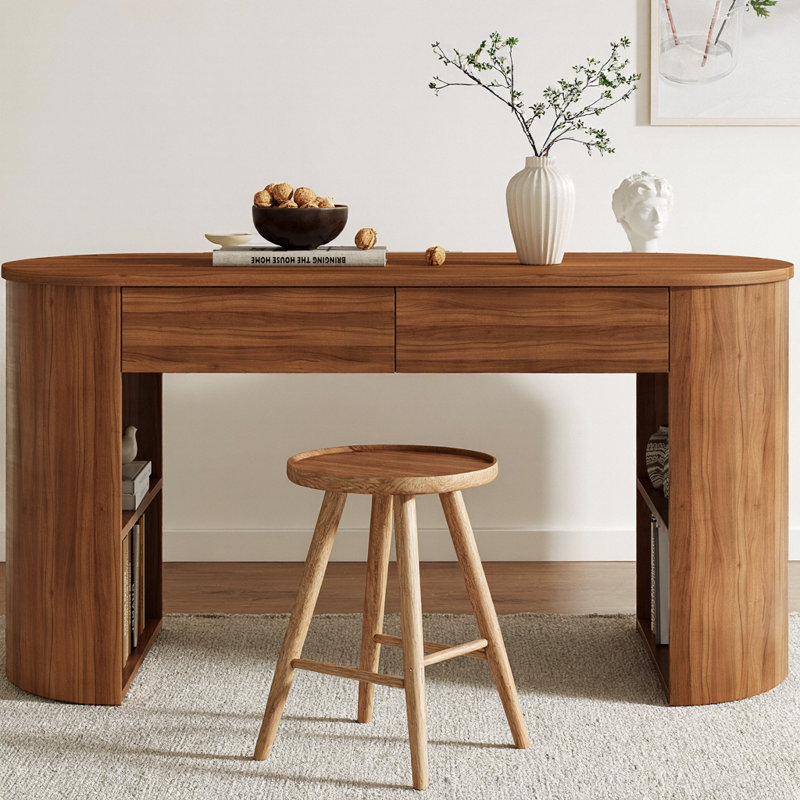 Bureau de rangement moderne de 60 po avec deux tiroirs, bureau à demi-cylindre avec tablettes ouvertes, bureau d'ordinateur pour salon, chambre à coucher