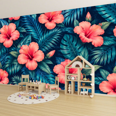 Papier peint adhésif auto-adhésif moderne pour la chambre à coucher avec fleurs tropicales et feuilles de palmier Hibiscus Monstera L 69 po x l 96 po Peel and Stick