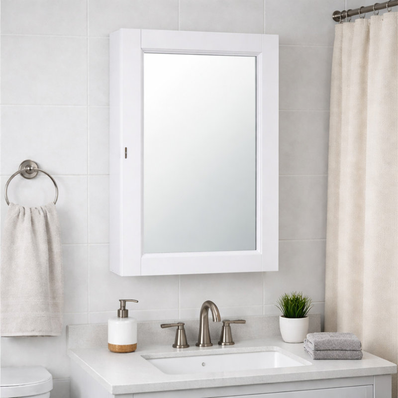 16 Inch Bathroom Medicine Cabinet, Wall Mounted, Mirror, White, 26" H x 16" W x 5" D