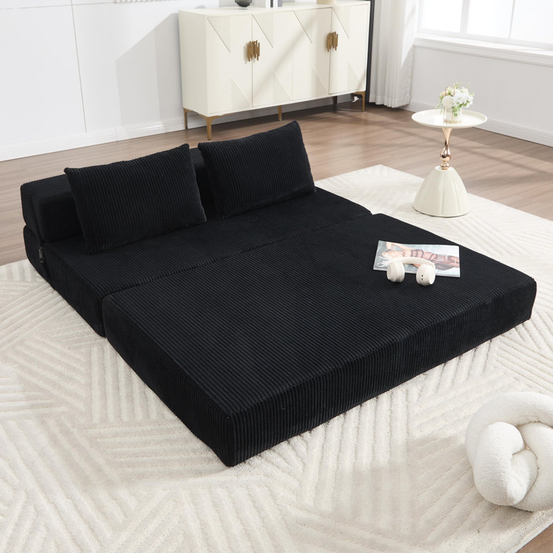 Boneless 55" Foldable Sleeper Sofa Bed Corduroy Compression Couch Bed with 2 Pillows - No Assembly Required, Black
