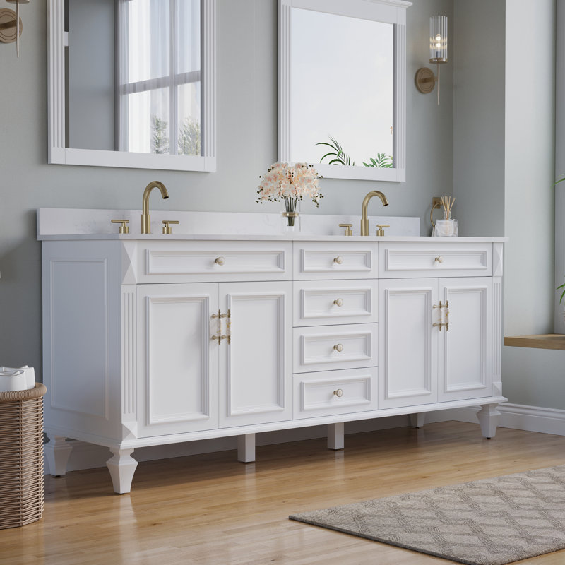 Meuble-lavabo autoportant en bois massif Gamella l 80 po x H 35 po avec comptoir en quartz blanc Carrera résistant aux taches et lavabo double, blanc