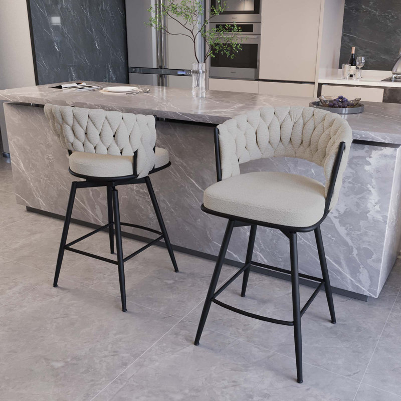 Celie  Upholstered Swivel Bar Stools, White, 2, Black