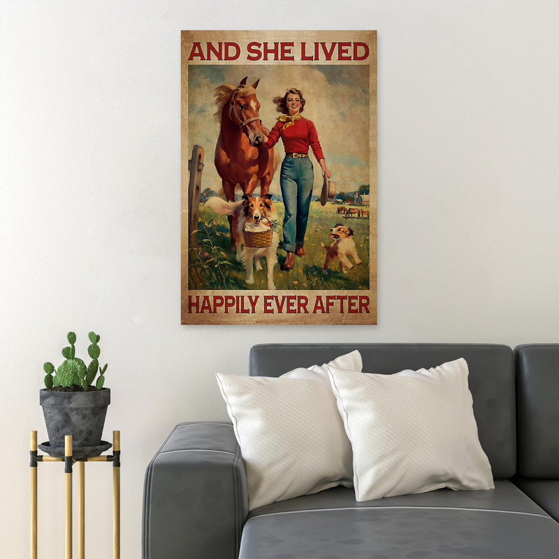 «Girl With Her Pets In The Field - And She Lived Happily Ever After», reproduction d'art graphique sur toile tendue 1 pièce