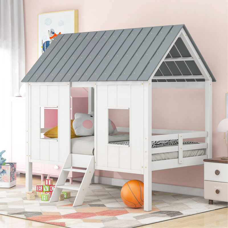 Twin Size Low Loft House Bed With Roof And Two Front Windows , White