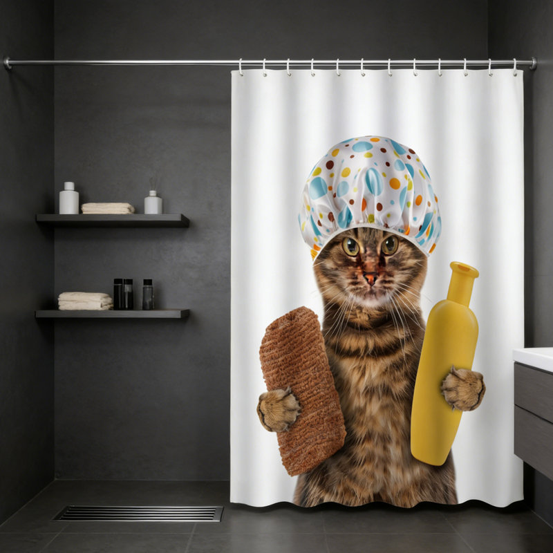 Ensemble de rideau de douche drôle de chat, rideaux de douche en tissu imperméable avec crochets, ensemble de rideau de douche en tissu imperméable minimaliste moderne