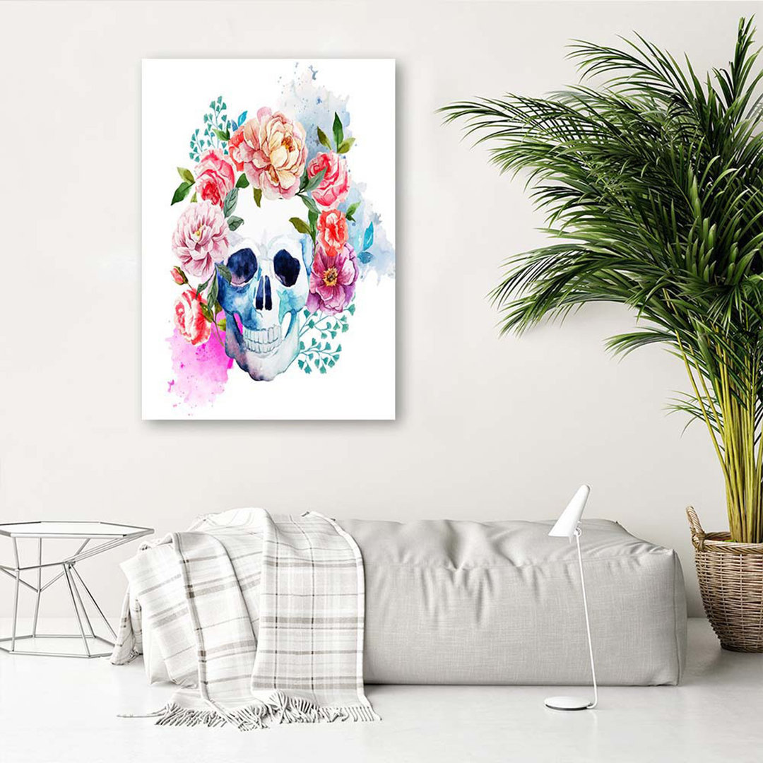 Leinwandbild Skull Flowers Colourful