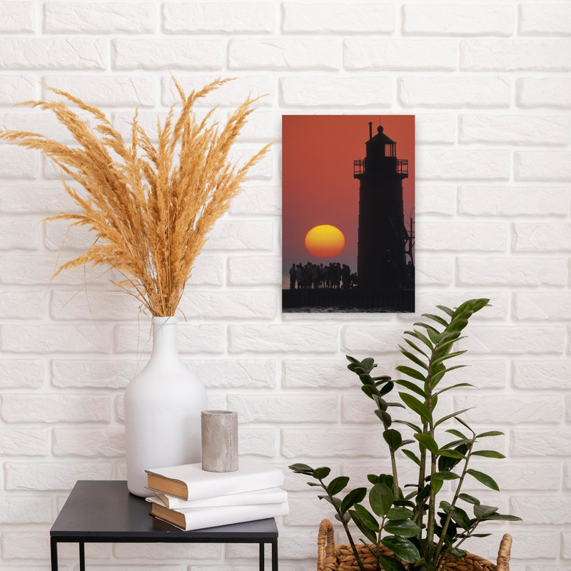 Tourists at South Haven Lighthouse during sunset South Haven Michigan USA 1 Piece Wrapped Canvas Wall Art