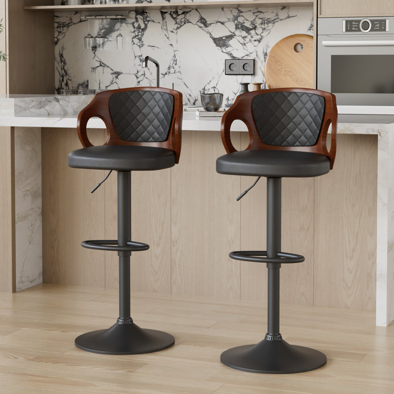 Ensemble de 2 tabourets de comptoir pivotants à hauteur réglable Ferriera, chaises de bar rembourrées en similicuir avec base en métal, repose-pieds, îlot de cuisine Mid-Century pour îlot de cuisine, bar personnel, pub, café ou bureau, noir