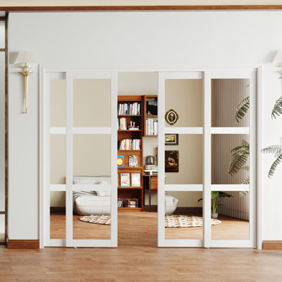 Sliding Closet Door - 3 Panel Mirrored Design White MDF Sliding Door With Handle And Sliding Rail Kit