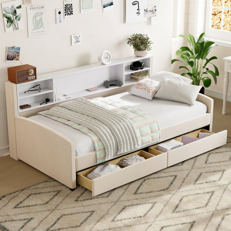 Lit plateforme tapissier simple confortable avec options de rangement pratiques, Beige