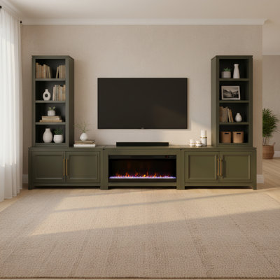 Meuble audio-vidéo modulaire en bois massif de 144 po avec foyer électrique pour téléviseur de 75 po ou moins, entièrement assemblé