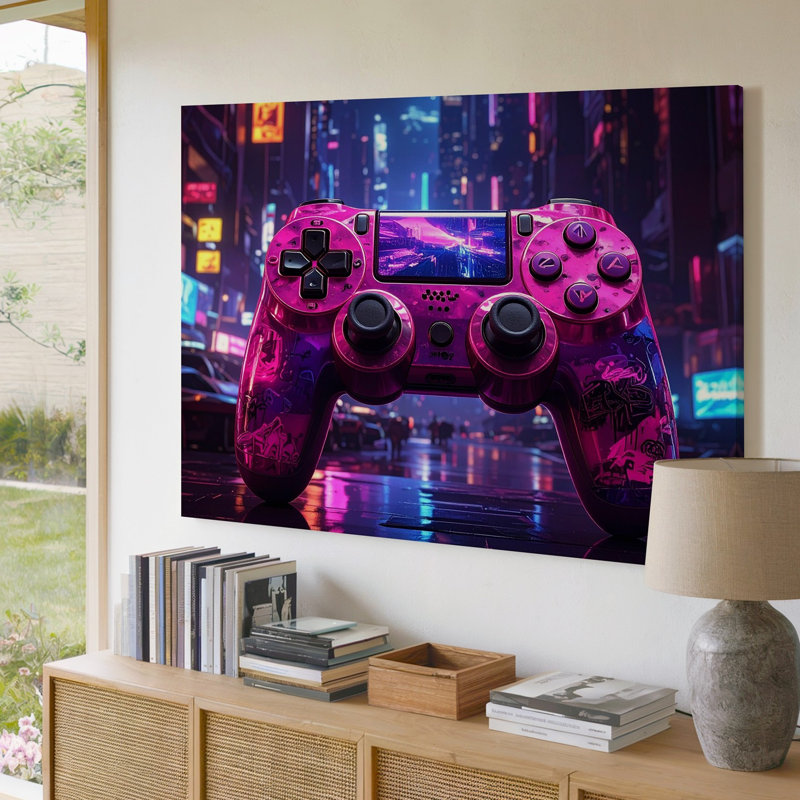 Wall Art Graffiti néon gamer rose et mauve contrôleur avec Cyberpunk Vibes quelle toile prête à accrocher galerie enveloppée Home Decor Decor