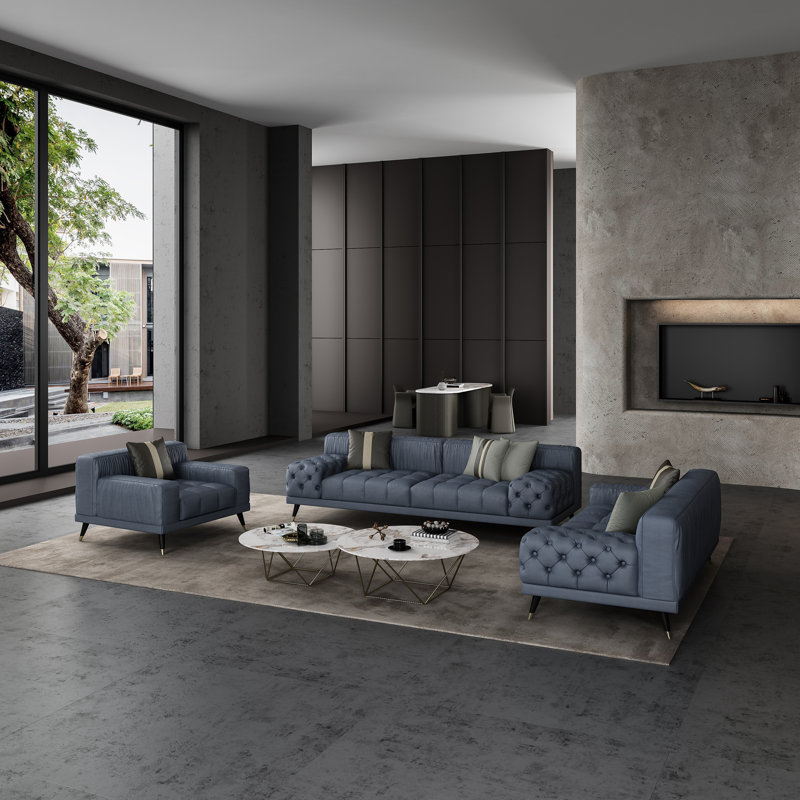 3 Pieces Outlander Sofa Set Off White Italian Leather, Smkey Gray