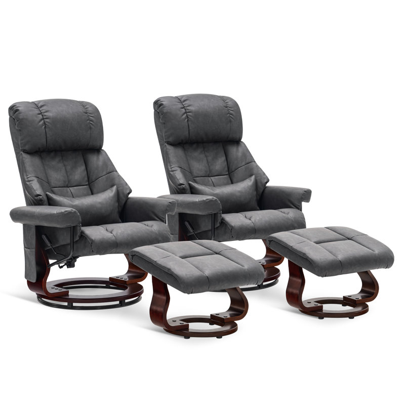 Bellemy Vegan Leather Swivel Recliner with Ottoman, 360 Degree Swivel Wood Base, Gray Faux Leather